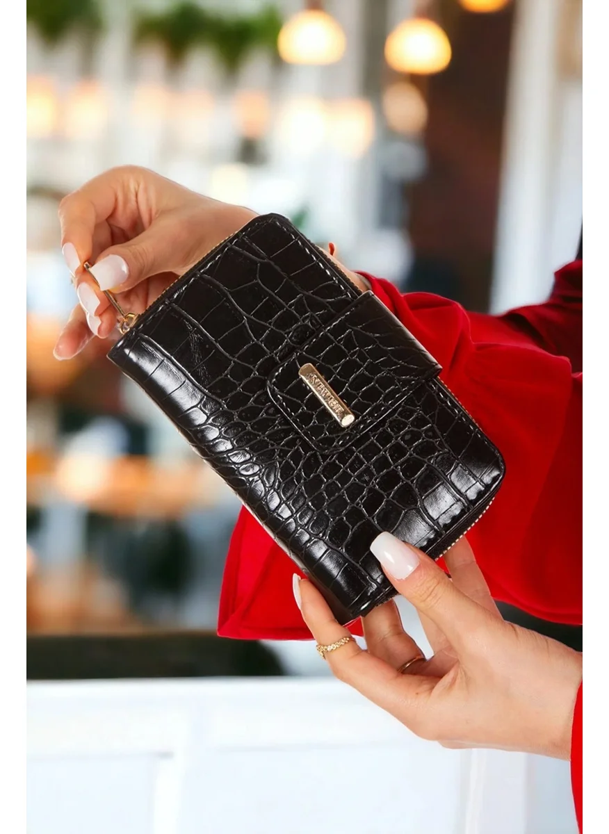 Newish Polo Flap Clasp Zipper Wallet Crocodile Patterned Medium Size