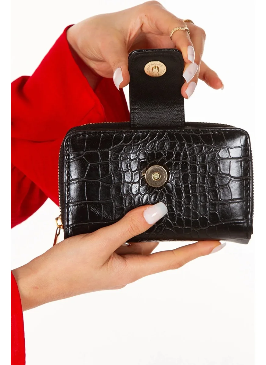 Newish Polo Flap Clasp Zipper Wallet Crocodile Patterned Medium Size