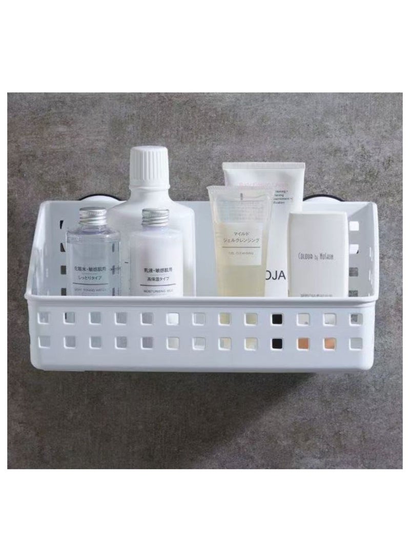 Wall Mounted Storage Basket, Adhesive Plastic Organizer Shelf – No Drill Bathroom & Kitchen Storage Rack, Space Saving Hanging Basket (White) - Image 2