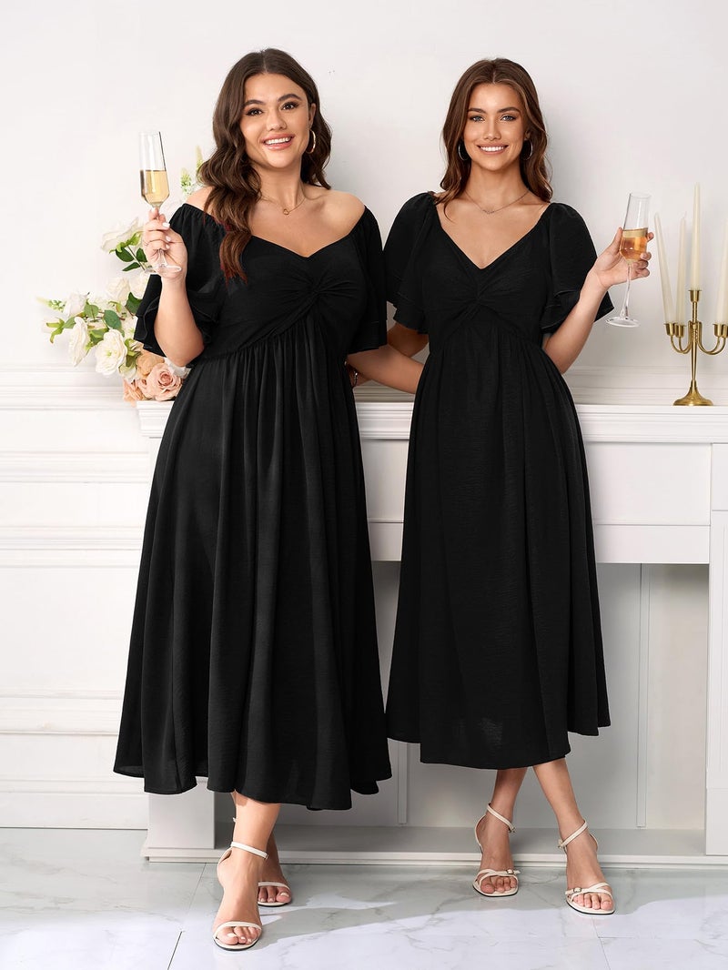 SCOMCHIC Women's Plus Size Wedding Guest Cocktail Dresses Sweetheart Neckline Ruffle Sleeve A Line Maxi Dress Black - Image 5