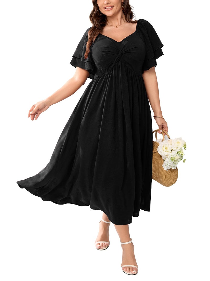 SCOMCHIC Women's Plus Size Wedding Guest Cocktail Dresses Sweetheart Neckline Ruffle Sleeve A Line Maxi Dress Black - Image 2