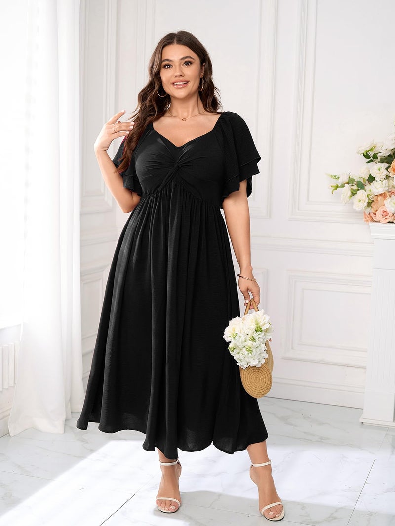 SCOMCHIC Women's Plus Size Wedding Guest Cocktail Dresses Sweetheart Neckline Ruffle Sleeve A Line Maxi Dress Black - Image 4