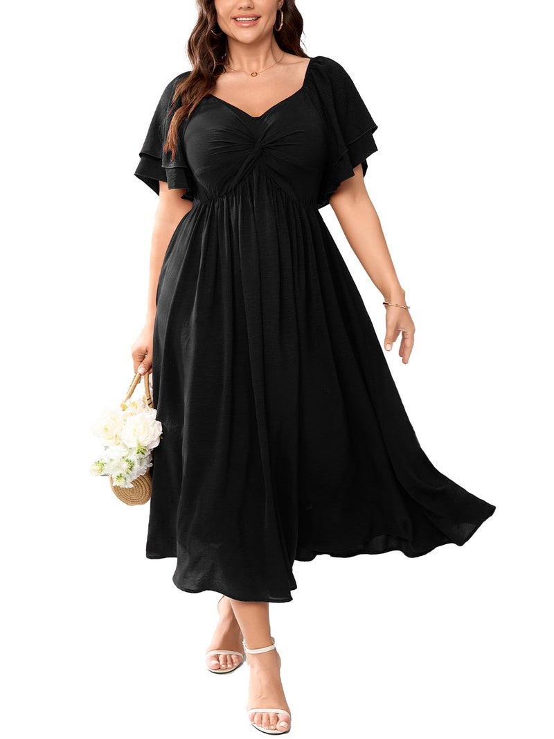 SCOMCHIC Women's Plus Size Wedding Guest Cocktail Dresses Sweetheart Neckline Ruffle Sleeve A Line Maxi Dress Black - Image 1