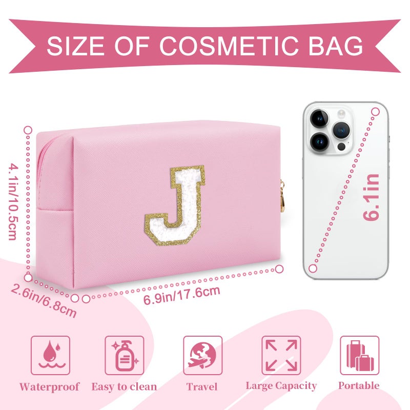 ChaoGreat Personalized Initial A-Z Preppy Patch Makeup Bag Small Pu Chenille Letter Cosmetic Bag With Zipper For Teen Girls Pink Cute Toiletry Organizer Bag Monogram Makeup Case Gift For Women Girls Letter J - Image 2