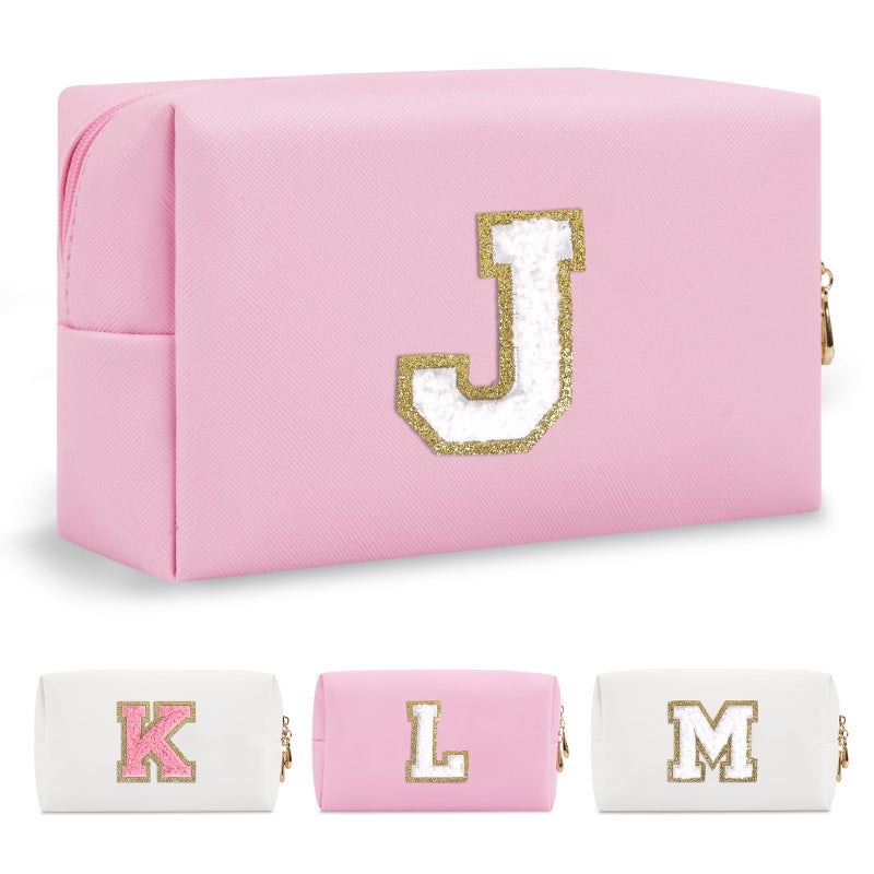 ChaoGreat Personalized Initial A-Z Preppy Patch Makeup Bag Small Pu Chenille Letter Cosmetic Bag With Zipper For Teen Girls Pink Cute Toiletry Organizer Bag Monogram Makeup Case Gift For Women Girls Letter J - Image 1