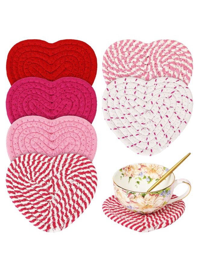 UPINS Crochet Heart Coasters Set of 6, Handmade Valentine's Day Heart Coasters Valentine's Day Drink Accessories in Pink, Red White - Image 1
