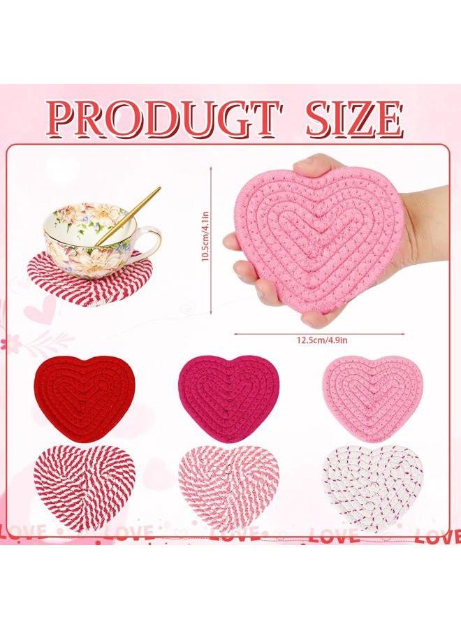 UPINS Crochet Heart Coasters Set of 6, Handmade Valentine's Day Heart Coasters Valentine's Day Drink Accessories in Pink, Red White - Image 2