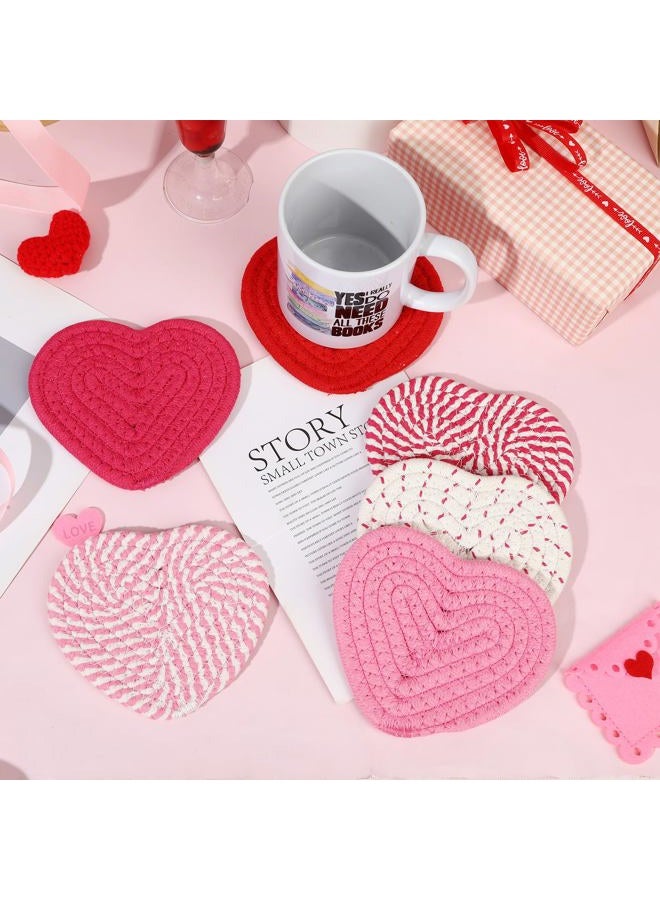 UPINS Crochet Heart Coasters Set of 6, Handmade Valentine's Day Heart Coasters Valentine's Day Drink Accessories in Pink, Red White - Image 4