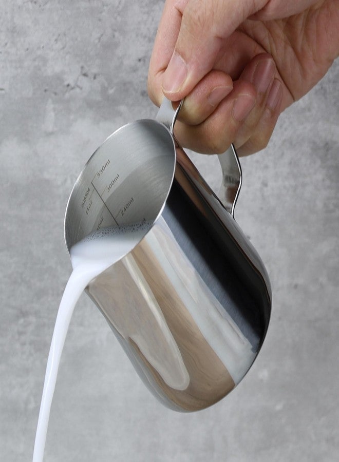 EIKS Stainless Steel Measuring Cup Steaming Pitcher Milk Frothing Jug with Handle, Pour Spout and ML/Ounce Scale (350ml) - Image 1