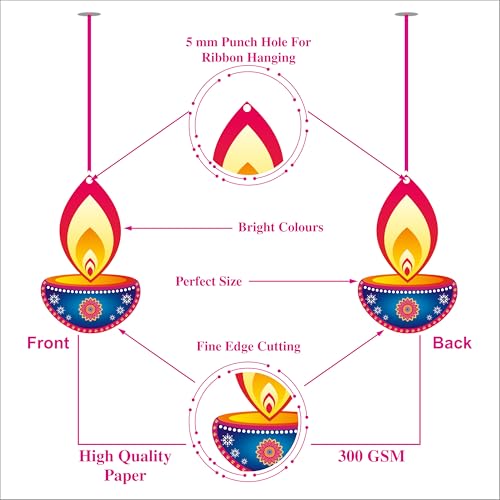 Party Baazaar Diwali Diya Dangler | Diwali Hanging Decoration | Happy Deepawali Decoration Items | Paper Hanging Deepak for Wall Decor | Decorative Hangings (Multicolour, Pack of 10) - Image 3