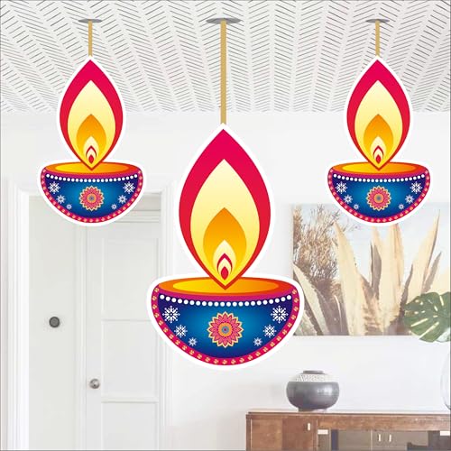 Party Baazaar Diwali Diya Dangler | Diwali Hanging Decoration | Happy Deepawali Decoration Items | Paper Hanging Deepak for Wall Decor | Decorative Hangings (Multicolour, Pack of 10) - Image 1