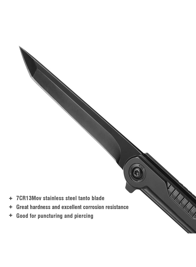 SYOSI EDC Pocket Knife, 7CR13Mov Steel Tanto Blade, Slim Folding Knife with Clip and Liner Lock, Window Breaker, Box Cutter, for Outdoor Camping - Image 2