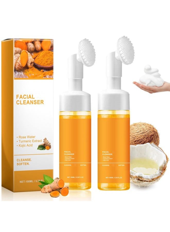 JISKG 2 Pcs Turmeric Facial Cleanser, Glow Wash Turmeric Face Wash With Brush, Deep Cleansing Exfoliating for Women All Skin. - Image 1
