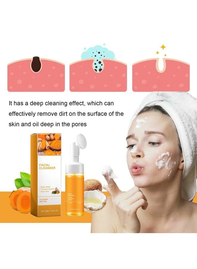 JISKG 2 Pcs Turmeric Facial Cleanser, Glow Wash Turmeric Face Wash With Brush, Deep Cleansing Exfoliating for Women All Skin. - Image 3