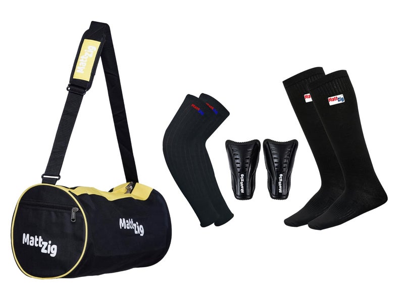 MATTZIG ® Club Football Kit (One Pair of Knee Length Lycra Cotton Socks + One Pair of Shin Guard + One Pair of Cotton Arm Sleeves + One Kit Bag) (Black/Yellow) - Image 1