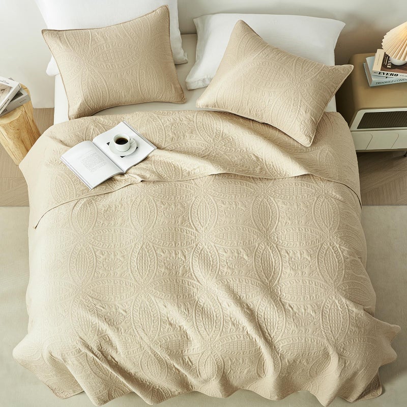 akkialla Queen Quilt Bedding Set,Beige Ultrasonic Full/Queen Quilt Set,Lightweight Soft Bedspread Coverlet,Modern Style Coin Pattern Bed Cover for All Seasons,3 Piece(1 Quilt,2 Pillow Shams) - Image 3