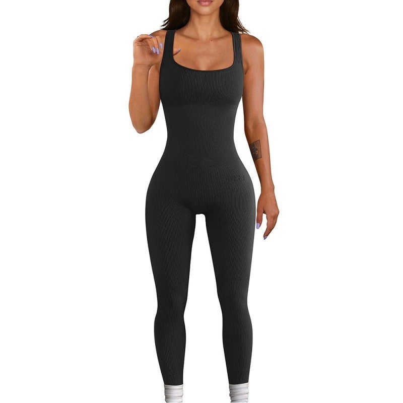 European and American foreign trade women's jumpsuit autumn and winter new product threaded square collar hip lift slim sexy jumpsuit M Black-Vest - Image 2