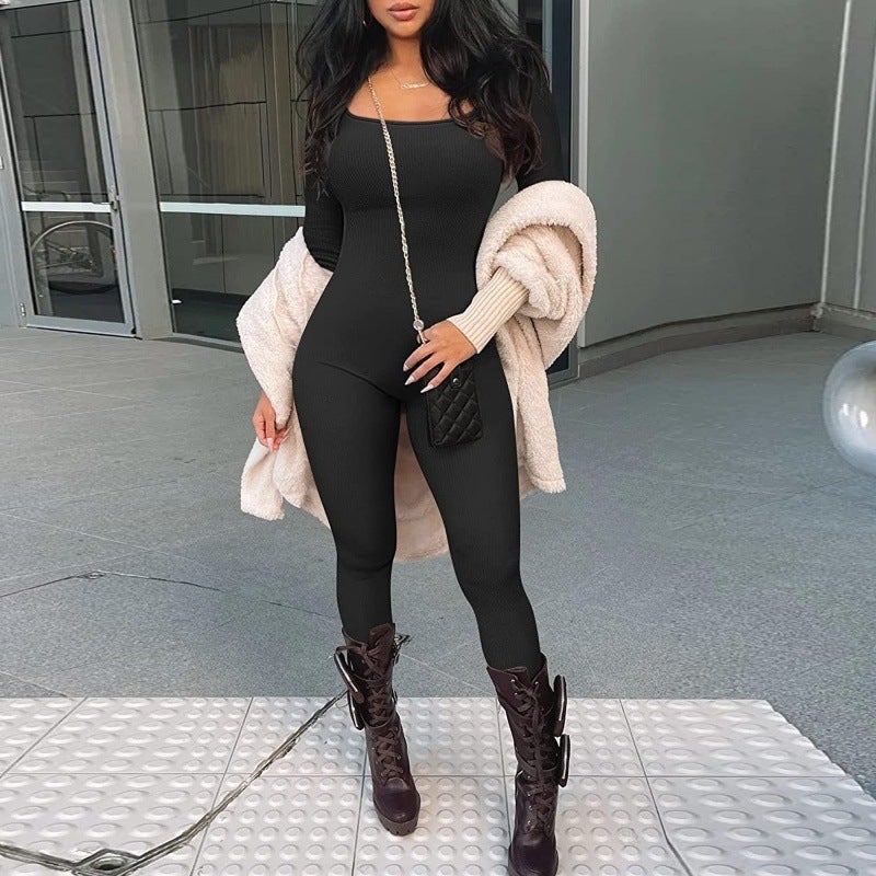 European and American foreign trade women's jumpsuit autumn and winter new product threaded square collar hip lift slim sexy jumpsuit M Black-Vest - Image 4