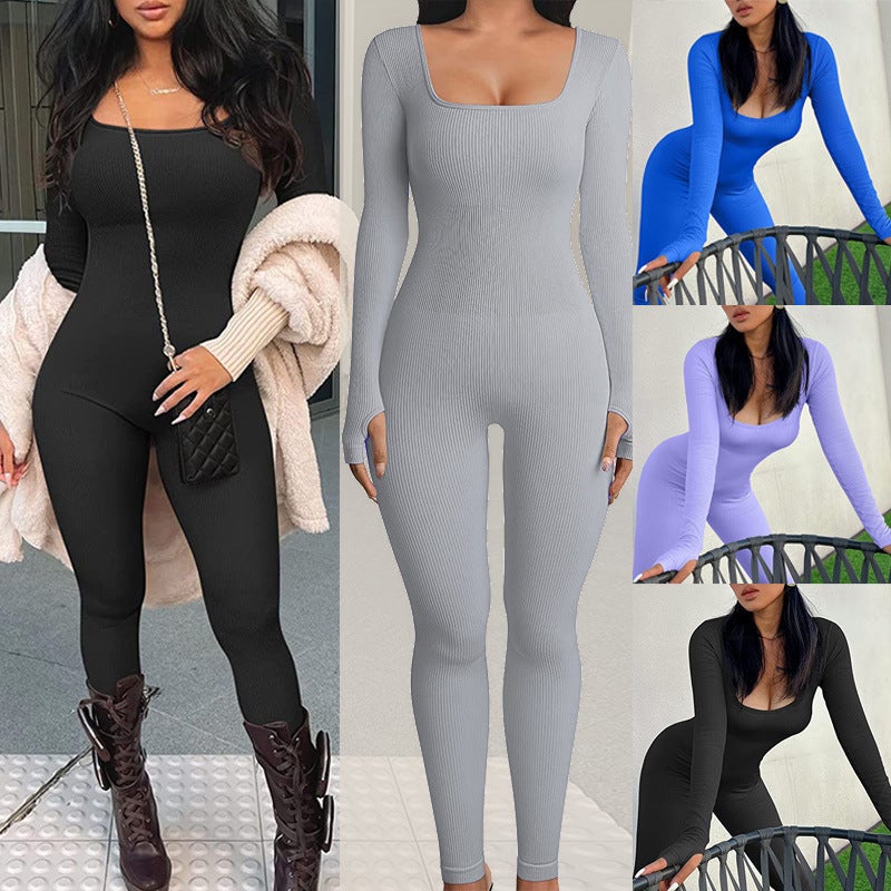 European and American foreign trade women's jumpsuit autumn and winter new product threaded square collar hip lift slim sexy jumpsuit M Black-Vest - Image 3