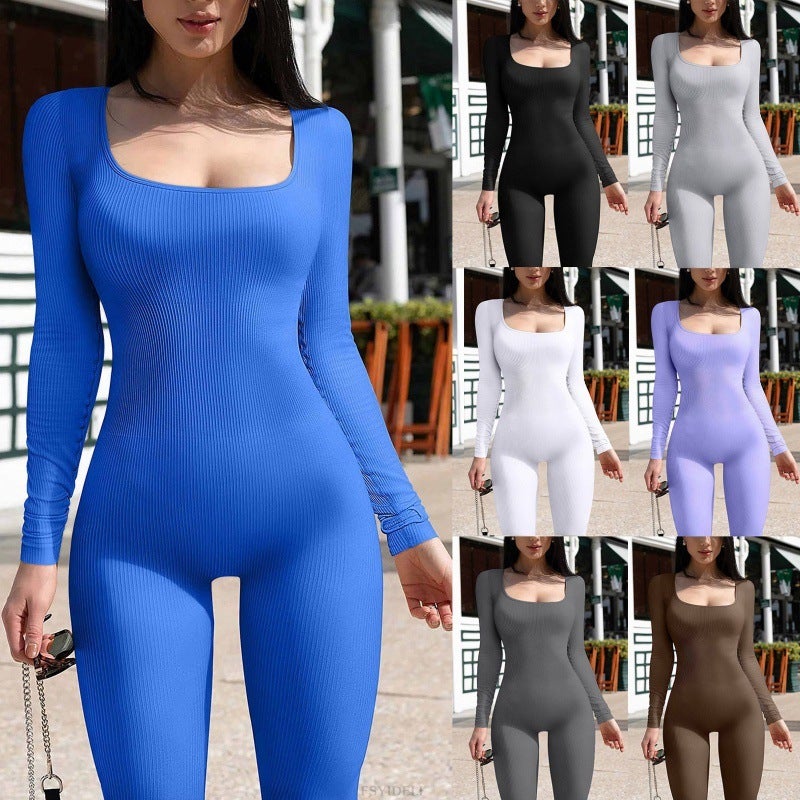 European and American foreign trade women's jumpsuit autumn and winter new product threaded square collar hip lift slim sexy jumpsuit M Black-Vest - Image 1