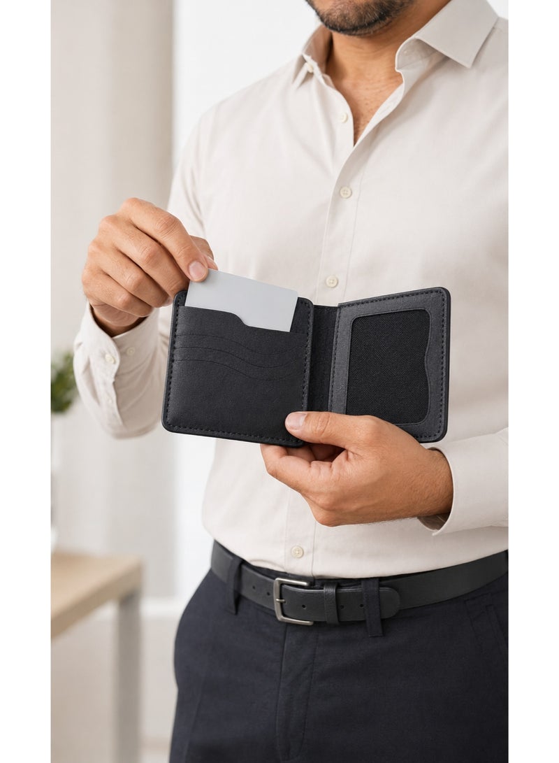 Men's Black Leather Bifold Wallet with Mesh ID Window & Wave Card Slots - Image 2