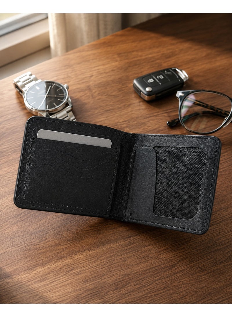 Men's Black Leather Bifold Wallet with Mesh ID Window & Wave Card Slots - Image 3