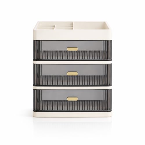 HoopVool® Countertop Organizer with Drawers Plastic Storage for Makeup Brush,Hair Accessories,Jewelry,Skincare Vanity Display, Skin Care Products, Office Desk Organizer (Cream-2, Layer-3) - Image 1