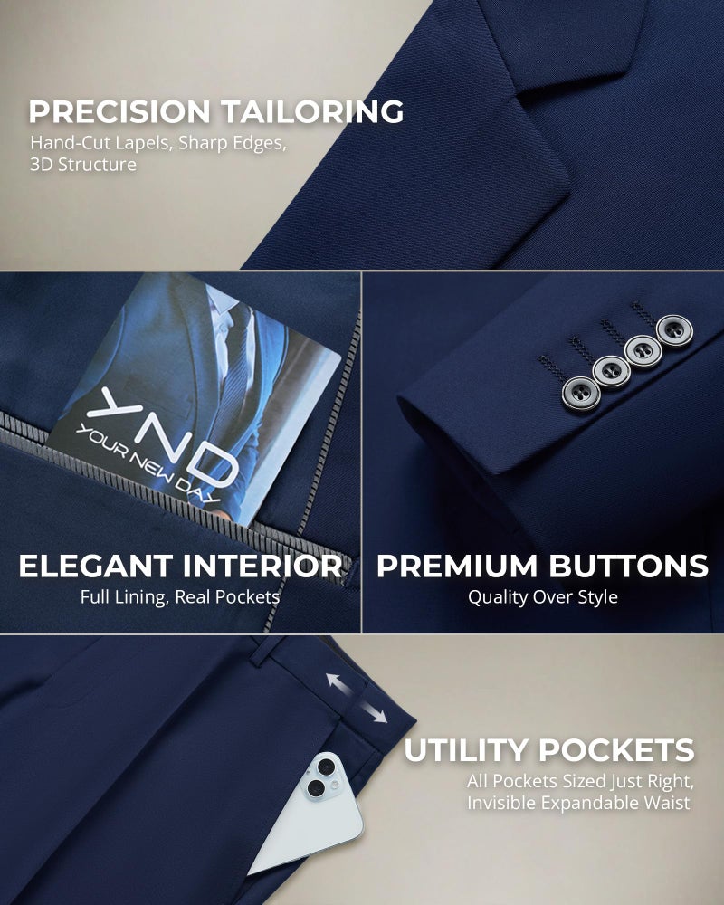 YND Men's 2 Piece Suit with Tie, One Button Slim Fit Solid Jacket and Pants Set, Suits for Men Prom Party Wedding & Business, Deep Blue - Image 4