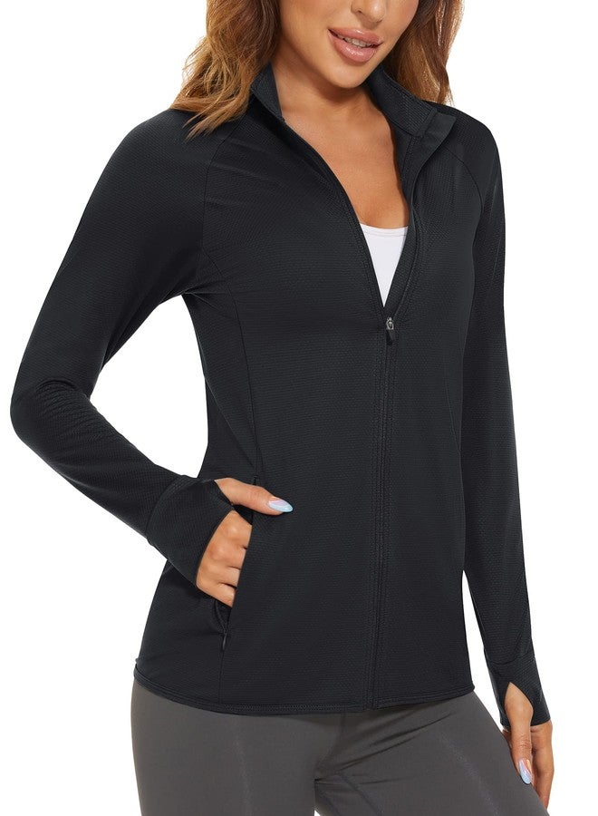 MAGCOMSEN Women's UPF 50+ Lightweight Athletic Jacket Sun Protection Full Zip Long Sleeve Shirts Hiking Outdoor Pockets Black M - Image 1