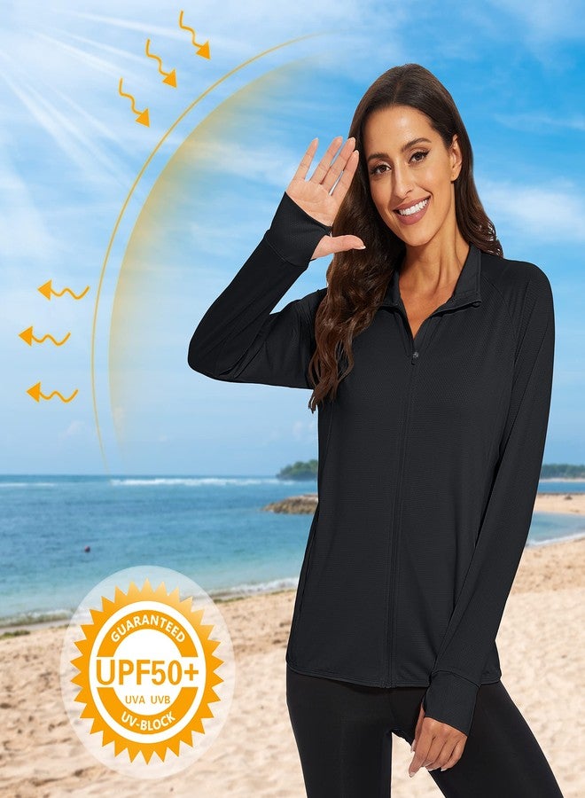 MAGCOMSEN Women's UPF 50+ Lightweight Athletic Jacket Sun Protection Full Zip Long Sleeve Shirts Hiking Outdoor Pockets Black M - Image 3