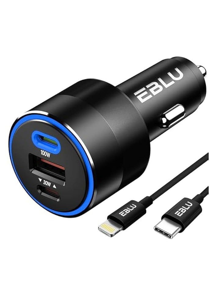 E بلو شاحن سيارة سريع 130 وات، محول طاقة سيارة سريع الشحن 3 منافذ USB مع كابل متوافق مع ماك بوك، أجهزة الكمبيوتر المحمولة، الأجهزة اللوحية  - Image 1