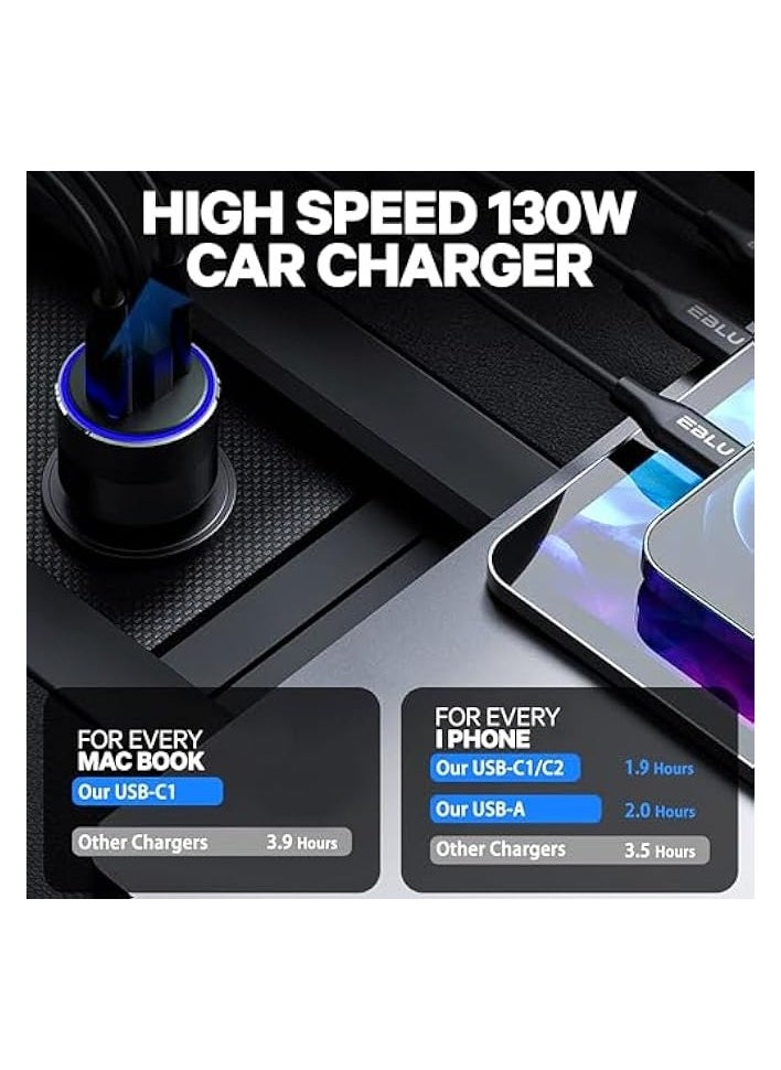 E بلو شاحن سيارة سريع 130 وات، محول طاقة سيارة سريع الشحن 3 منافذ USB مع كابل متوافق مع ماك بوك، أجهزة الكمبيوتر المحمولة، الأجهزة اللوحية  - Image 2