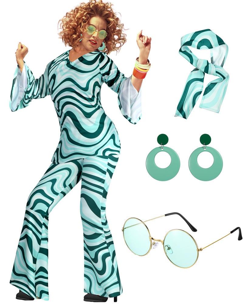 Leumoi 6 Pcs 60s 70s Disco Outfit Women Hippie Costume Accessories Flared Pants Headband Earrings Sunglass(Stripe, X-Large) - Image 4