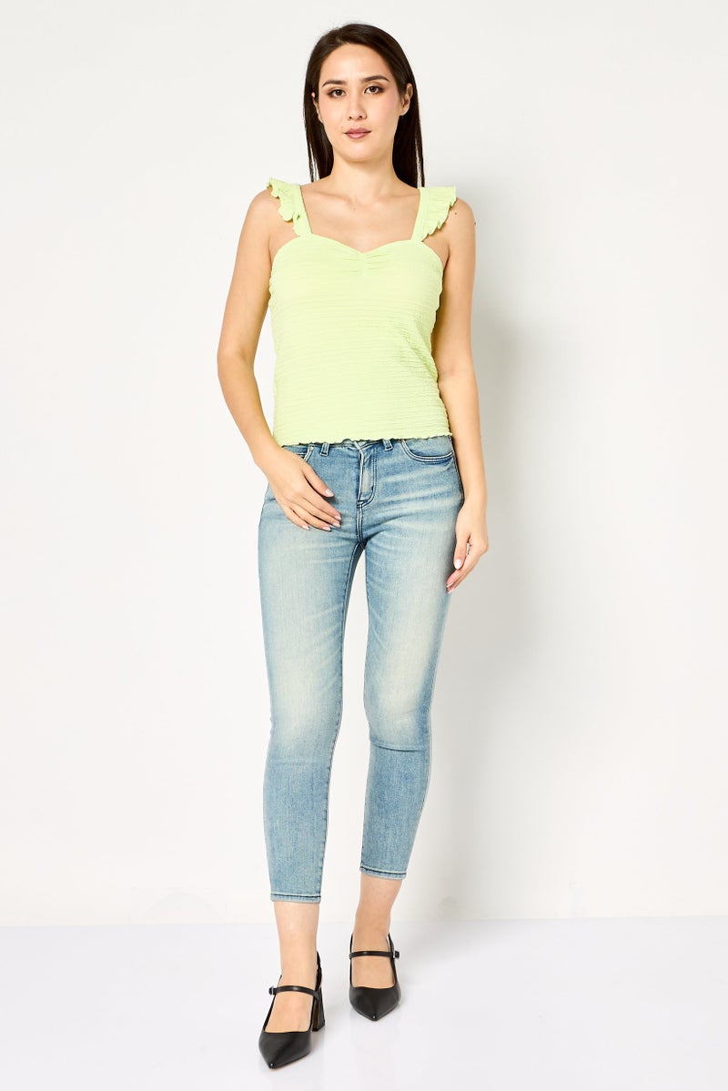 promod Women V Neck Sleeveless Textured Tank Top, Lime Green - Image 3