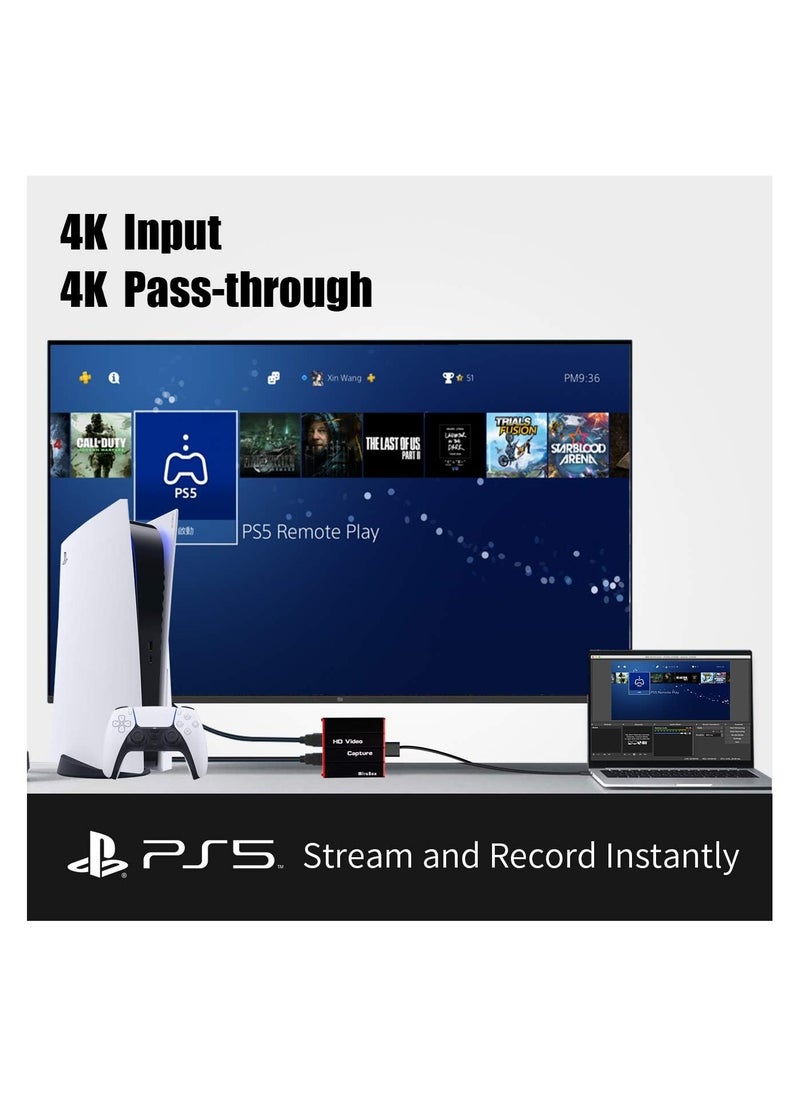 ميرا براندز Mirabox USB3.0 HDMI Video Capture Card, 1080P 60FPS HD Game Capture Device Cam Link with HDMI Passthrough Work with DSLR Xbox PS4 Switch for OBS Twitch Game Live Streaming and Recording  - Image 3