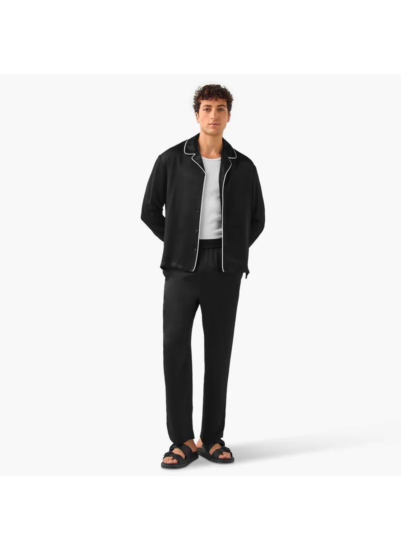 ايكونيك Iconic Regular Fit Piped Lounge Shirt with Collar and Long Sleeves