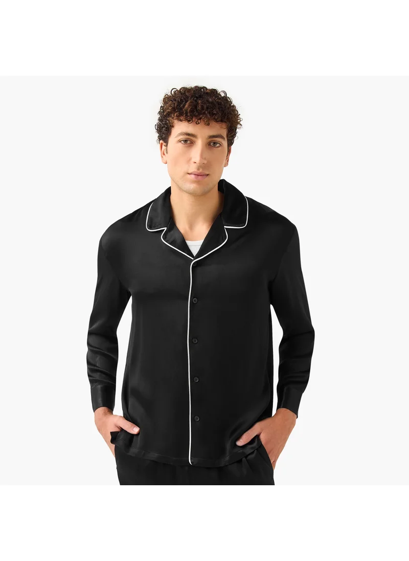 ايكونيك Iconic Regular Fit Piped Lounge Shirt with Collar and Long Sleeves