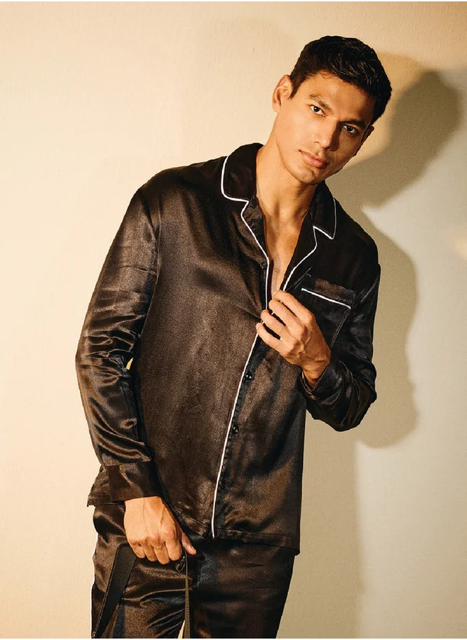 ايكونيك Iconic Regular Fit Piped Lounge Shirt with Collar and Long Sleeves