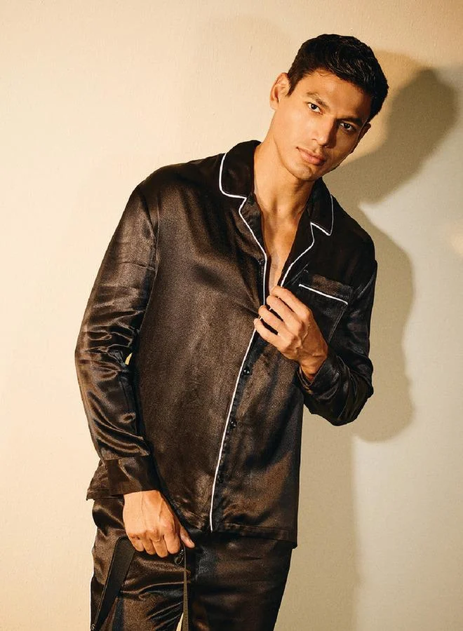 Iconic Regular Fit Piped Lounge Shirt with Collar and Long Sleeves