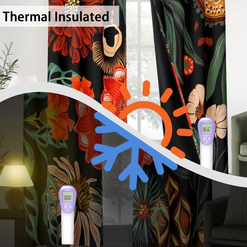 Tyrot Black Red Boho Floral 100% Blackout Curtains for Living Room 84 inch Long 2 Panels Christmas Black Out Curtains for Bedroom Grommet Thermal Insulated Room Darkening Window Drapes,52Wx84L - Image 4