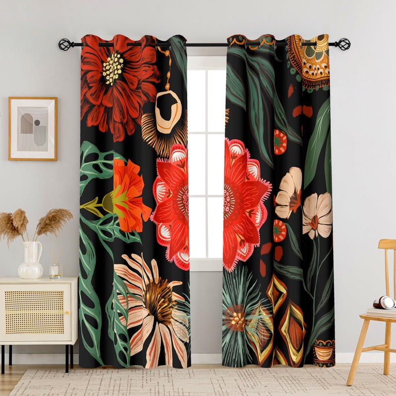 Tyrot Black Red Boho Floral 100% Blackout Curtains for Living Room 84 inch Long 2 Panels Christmas Black Out Curtains for Bedroom Grommet Thermal Insulated Room Darkening Window Drapes,52Wx84L - Image 1