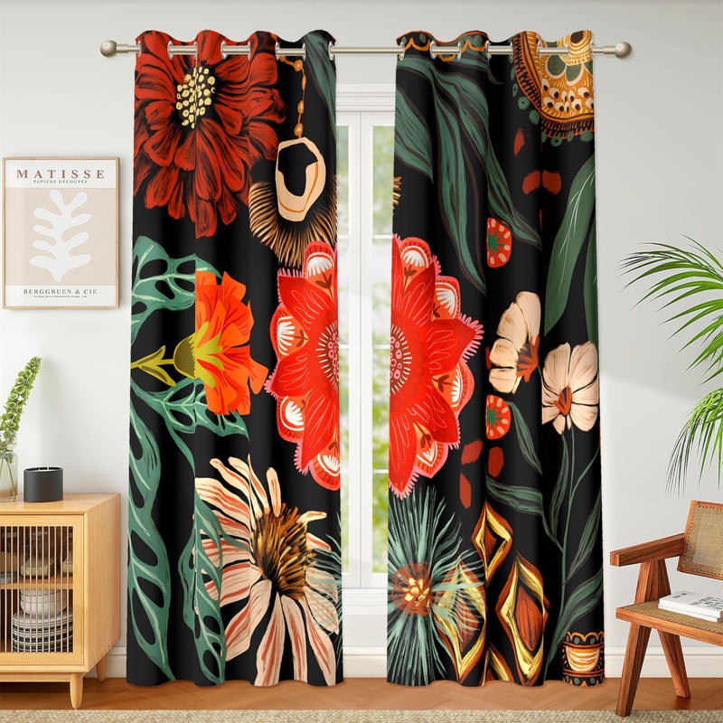 Tyrot Black Red Boho Floral 100% Blackout Curtains for Living Room 84 inch Long 2 Panels Christmas Black Out Curtains for Bedroom Grommet Thermal Insulated Room Darkening Window Drapes,52Wx84L - Image 2