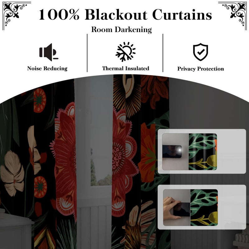 Tyrot Black Red Boho Floral 100% Blackout Curtains for Living Room 84 inch Long 2 Panels Christmas Black Out Curtains for Bedroom Grommet Thermal Insulated Room Darkening Window Drapes,52Wx84L - Image 3