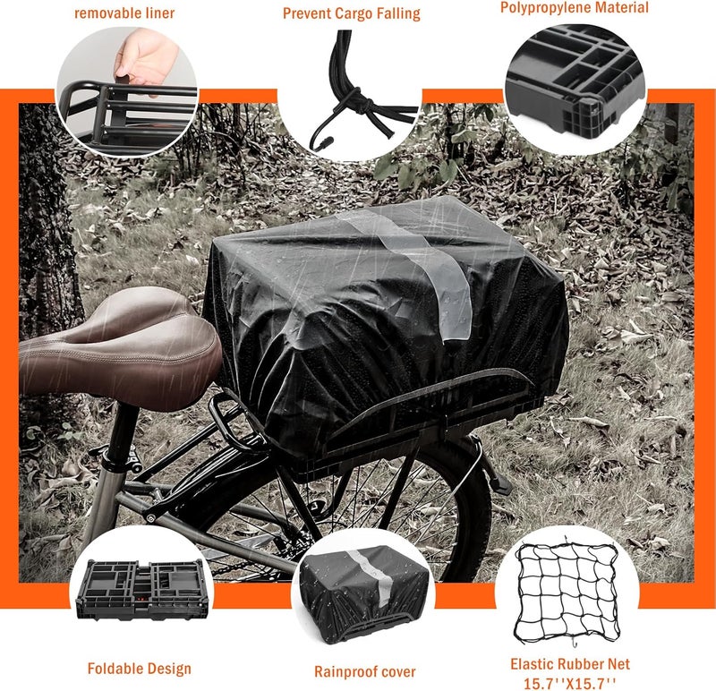 YEEGO DIRECT Foldable 35L Rear Bike Basket with Waterproof Cover & Cargo Net - Image 3