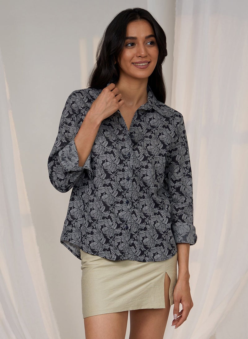 PINACOLADA Women's Steel Grey Contrast Verdure Shirt For Casual Wear | Spread Collar | Short Sleeve | Button Closure | Shirt Designed With Comfortable Fit For Woman & Girls - Image 1