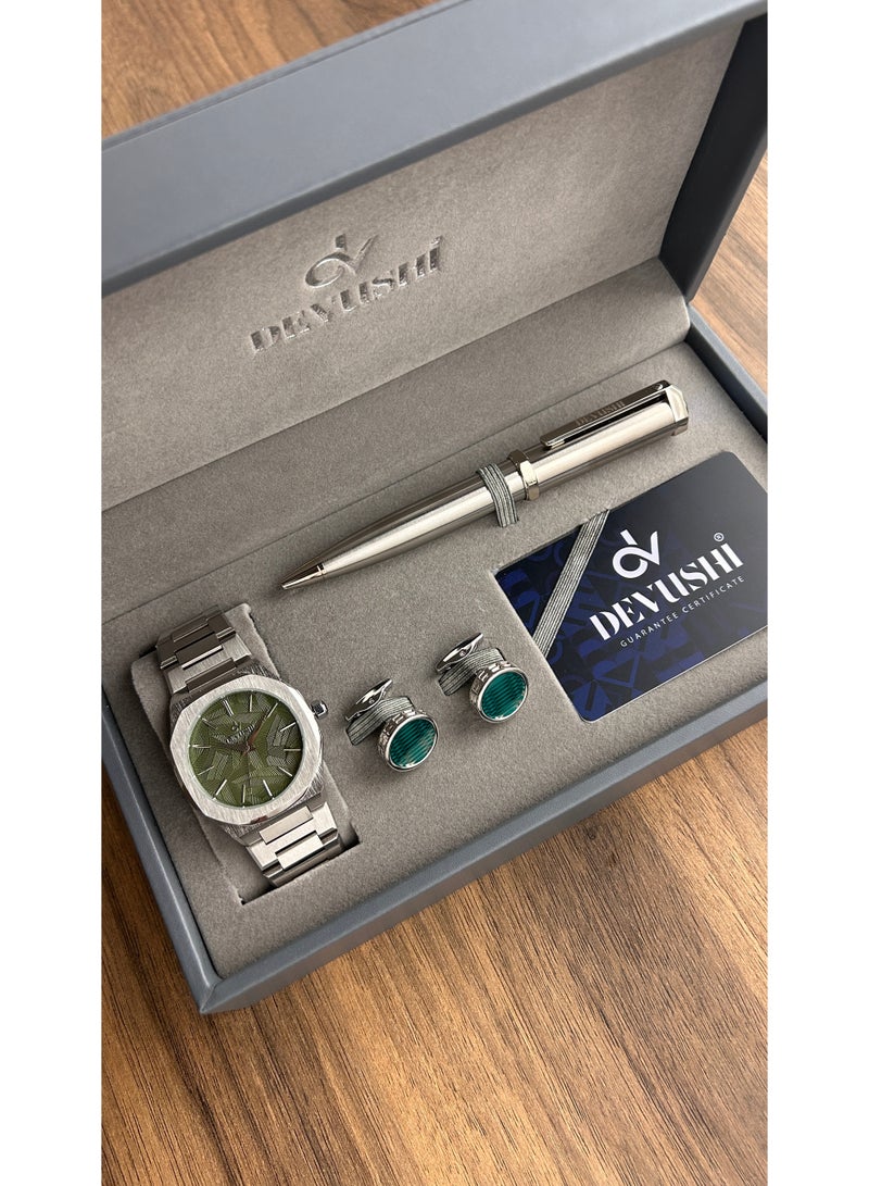 ديفوشي طقم ديفوشي رجالي فاخر – ساعة يد استيل فضي + قلم + كبك – ضمان سنتين - Image 1