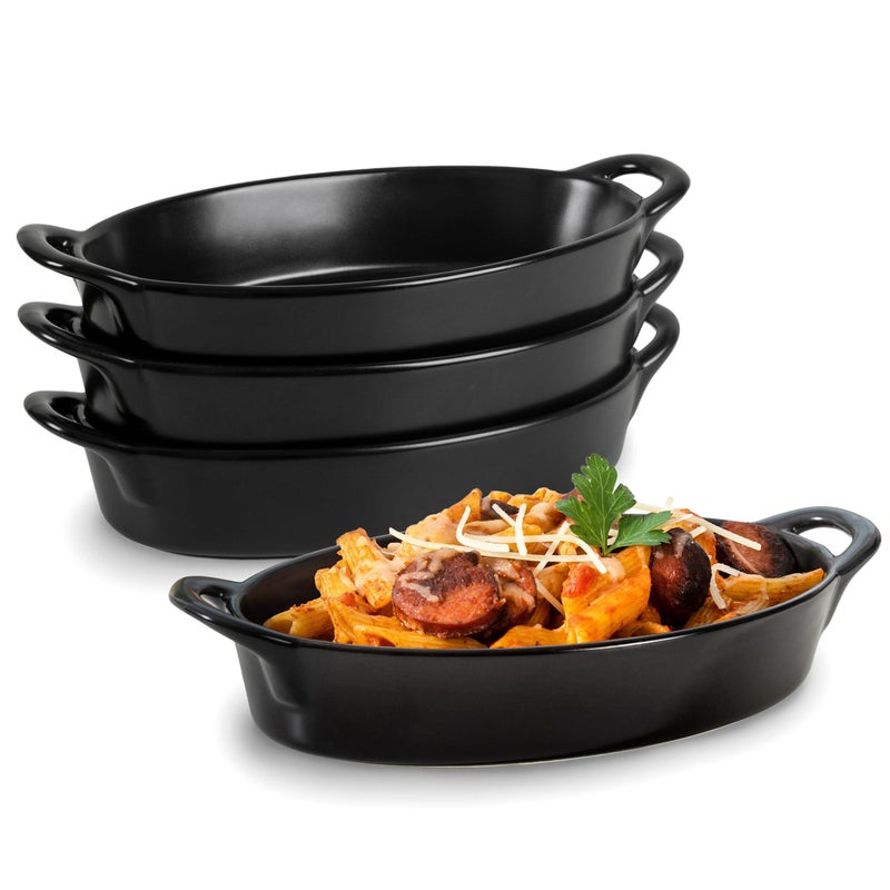 Oval Au Gratin Baking Dishes for Oven Safe and Microwave Cooking and Baking 4 Pc Set Heat Resistant Ceramic with Handles for Serving Small Mini Casserole Dish 8 x 5 16 oz Matte Black