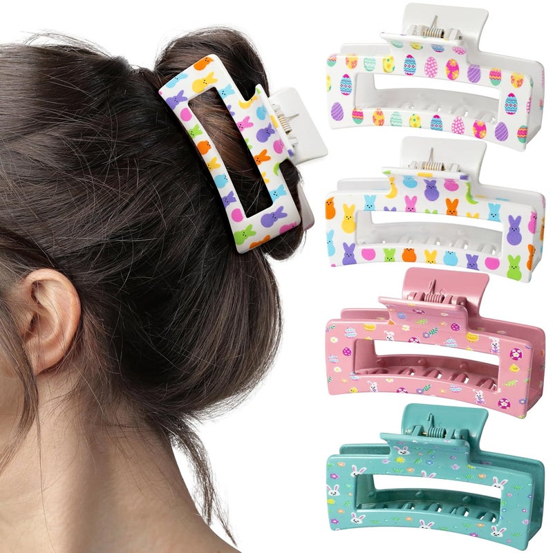 PANTIDE 4Pcs Easter Hair Claw Clips for Women Girls  Cute Bunny Peeps Rabbit Egg Rectangle Nonslip Banana Hair Clips Thin Thick Short Long Curly Accessories Easter Spring Party Birthday Gift