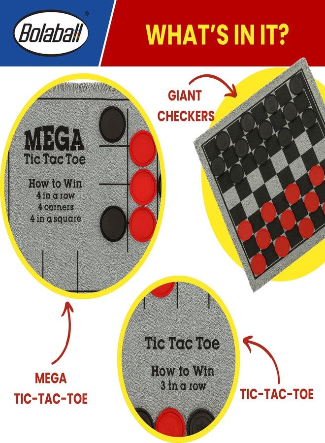 Bolaball 3-in-1 Jumbo Checkers & Tic Tac Toe Game Set with Carry Bag – Giant Outdoor Board Games, Family Games, Reversible 26" x 26" Board, 24 Easy-Grip Chips, for 13+ Age - Image 3