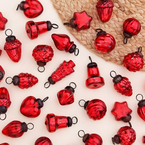 Indian-Shelf IndianShelf 10 Pieces Glass Vintage Christmas Ornaments Red X mas Tree Hanging Balls Unique Mini Bulk Decorations for Christmas Tree, Halloween, New Year, Valentine’s Day, Festival Decor - Image 1